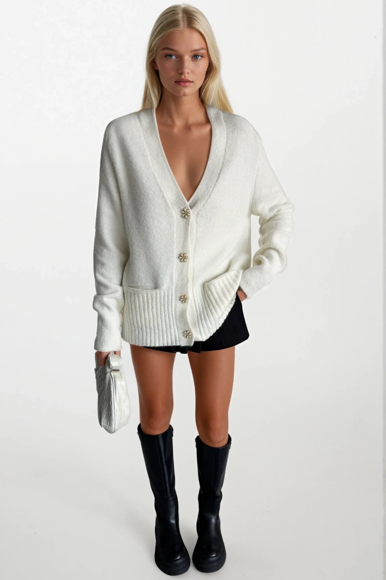 Accessory Detail V-Neck Ecru Knit Cardigan