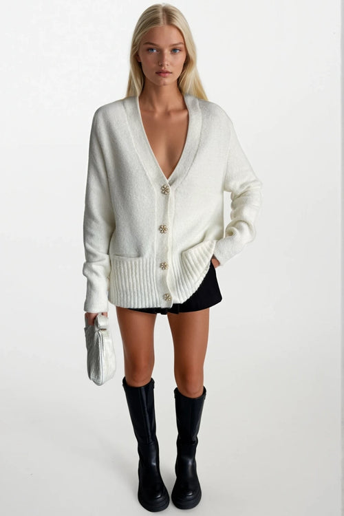 Accessory Detail V-Neck Ecru Knit Cardigan