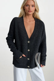 Accessory Detail V-Neck Anthracite Knit Cardigan