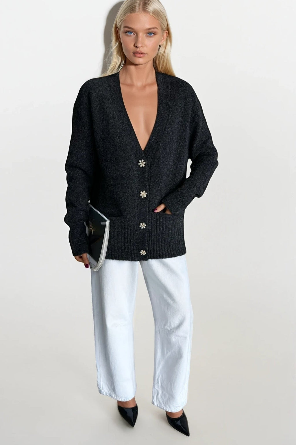 Accessory Detail V-Neck Anthracite Knit Cardigan