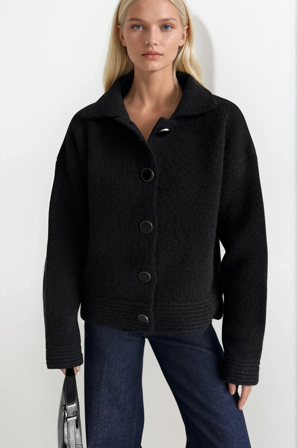 Polo Collar Button Detail Black Knit Cardigan