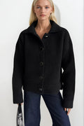 Polo Collar Button Detail Black Knit Cardigan