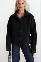 Polo Collar Button Detail Black Knit Cardigan