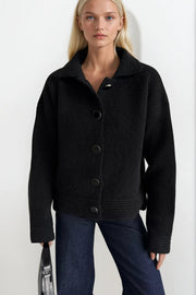 Polo Collar Button Detail Black Knit Cardigan