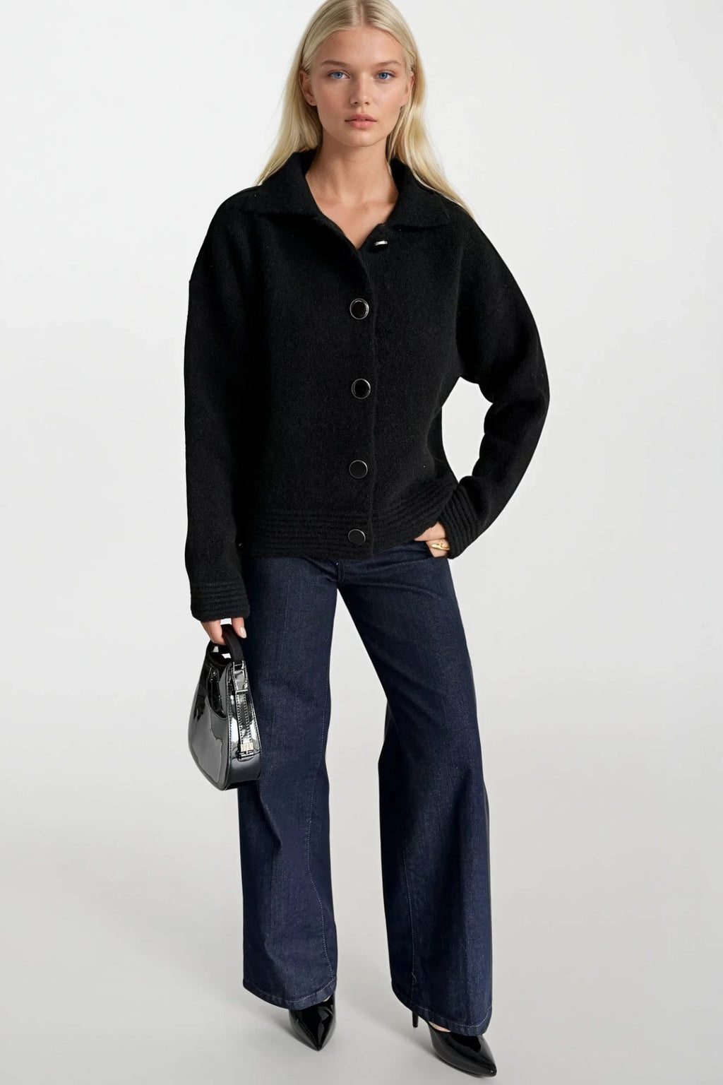 Polo Collar Button Detail Black Knit Cardigan