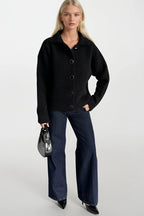 Polo Collar Button Detail Black Knit Cardigan