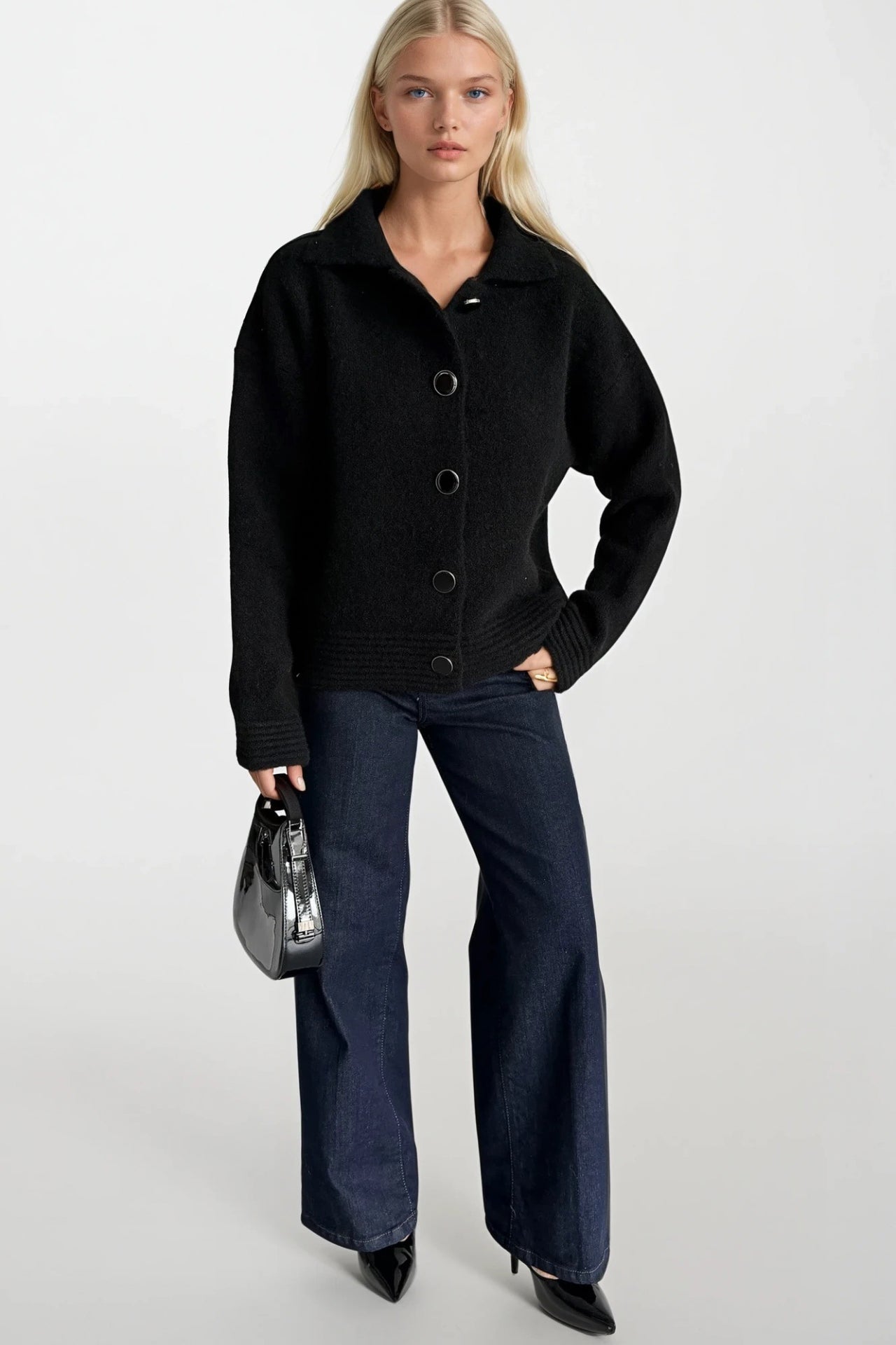 Polo Collar Button Detail Black Knit Cardigan