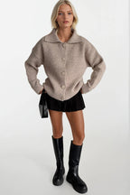 Polo Collar Button Detail Beige Knit Cardigan