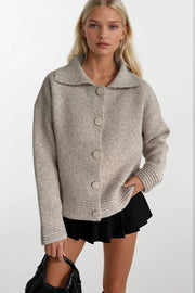 Polo Collar Button Detail Beige Knit Cardigan