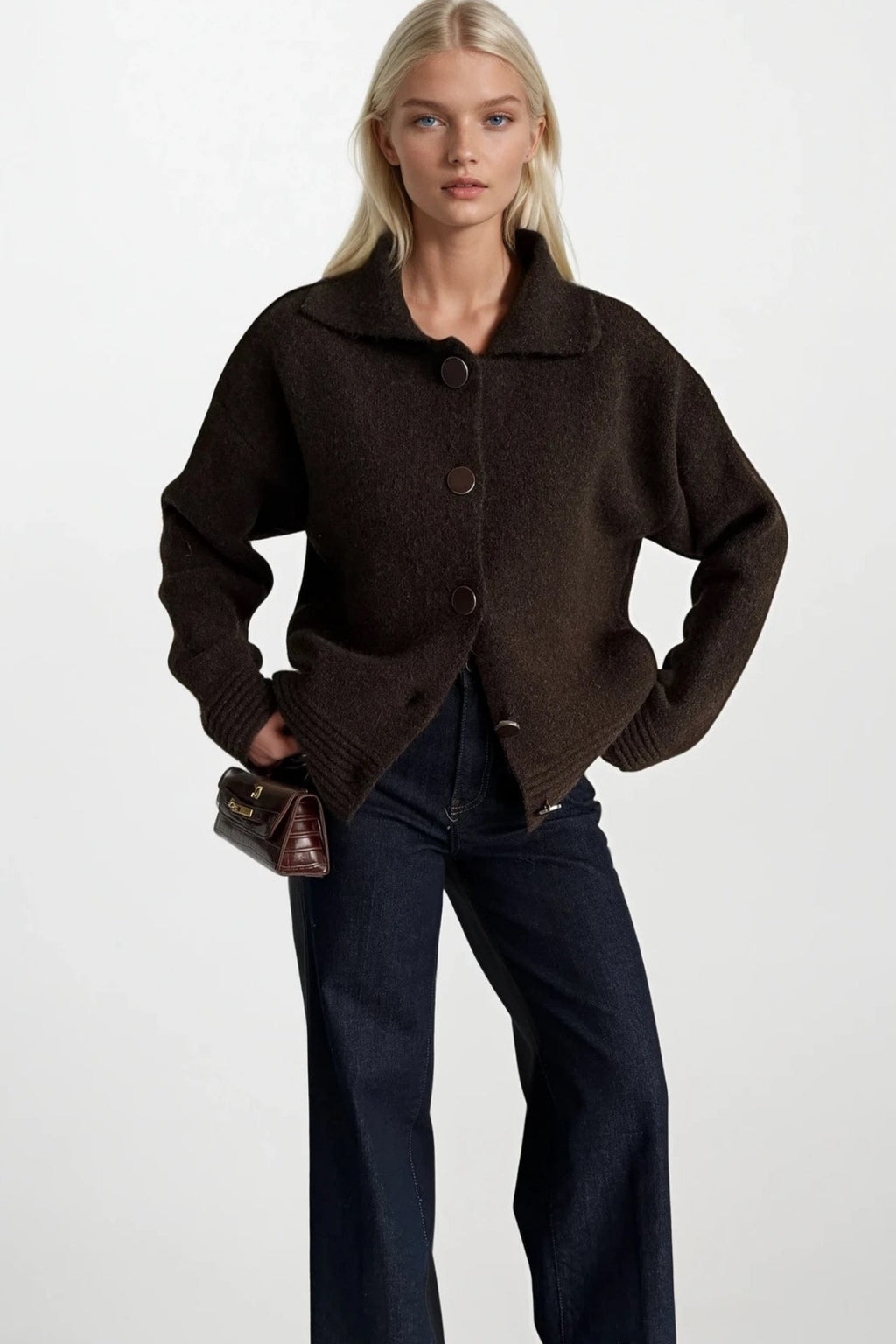 Polo Collar Button Detail Brown Knit Cardigan