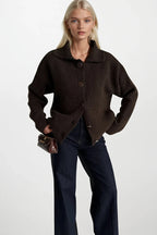 Polo Collar Button Detail Brown Knit Cardigan