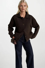 Polo Collar Button Detail Brown Knit Cardigan