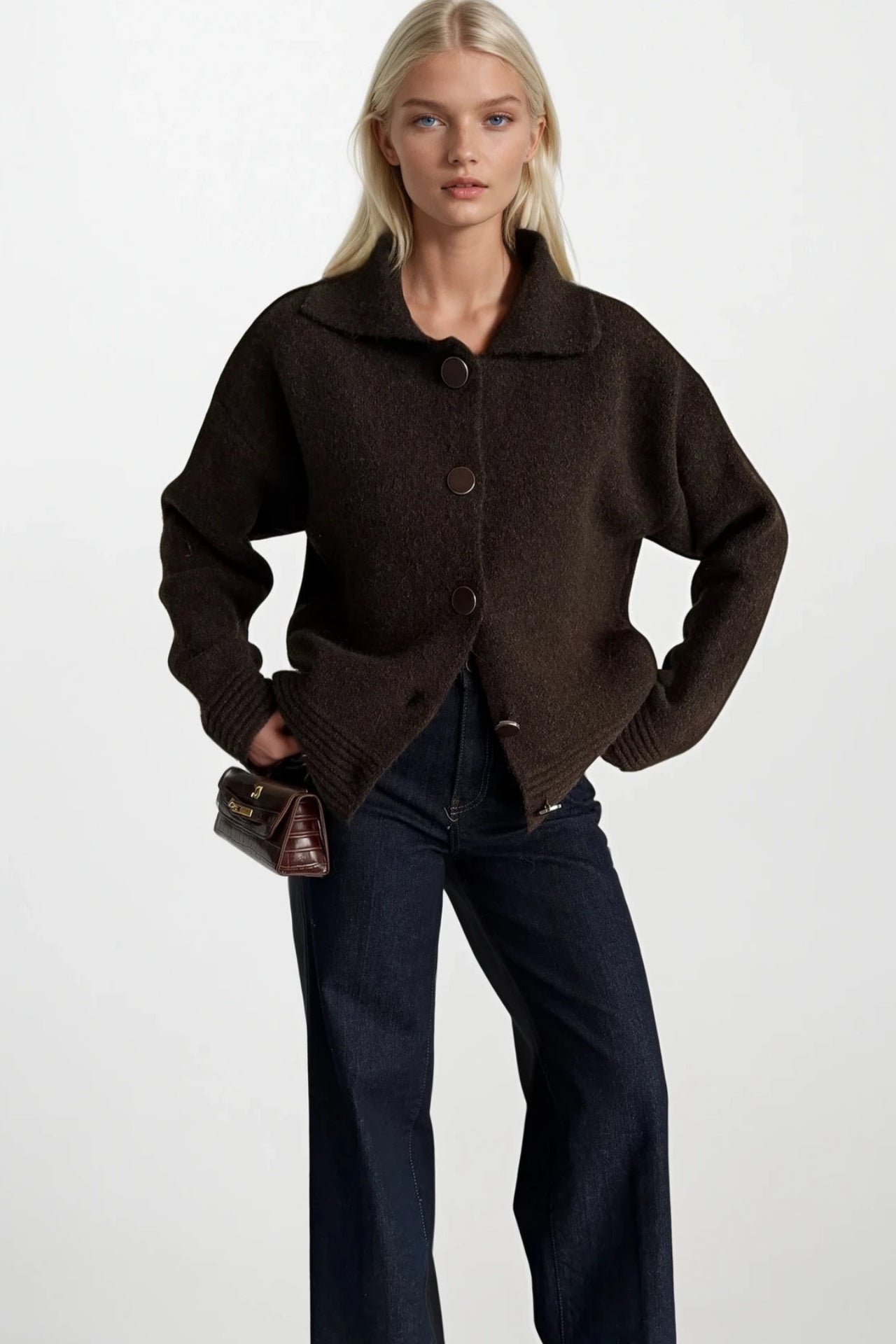 Polo Collar Button Detail Brown Knit Cardigan