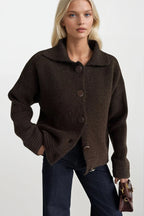 Polo Collar Button Detail Brown Knit Cardigan