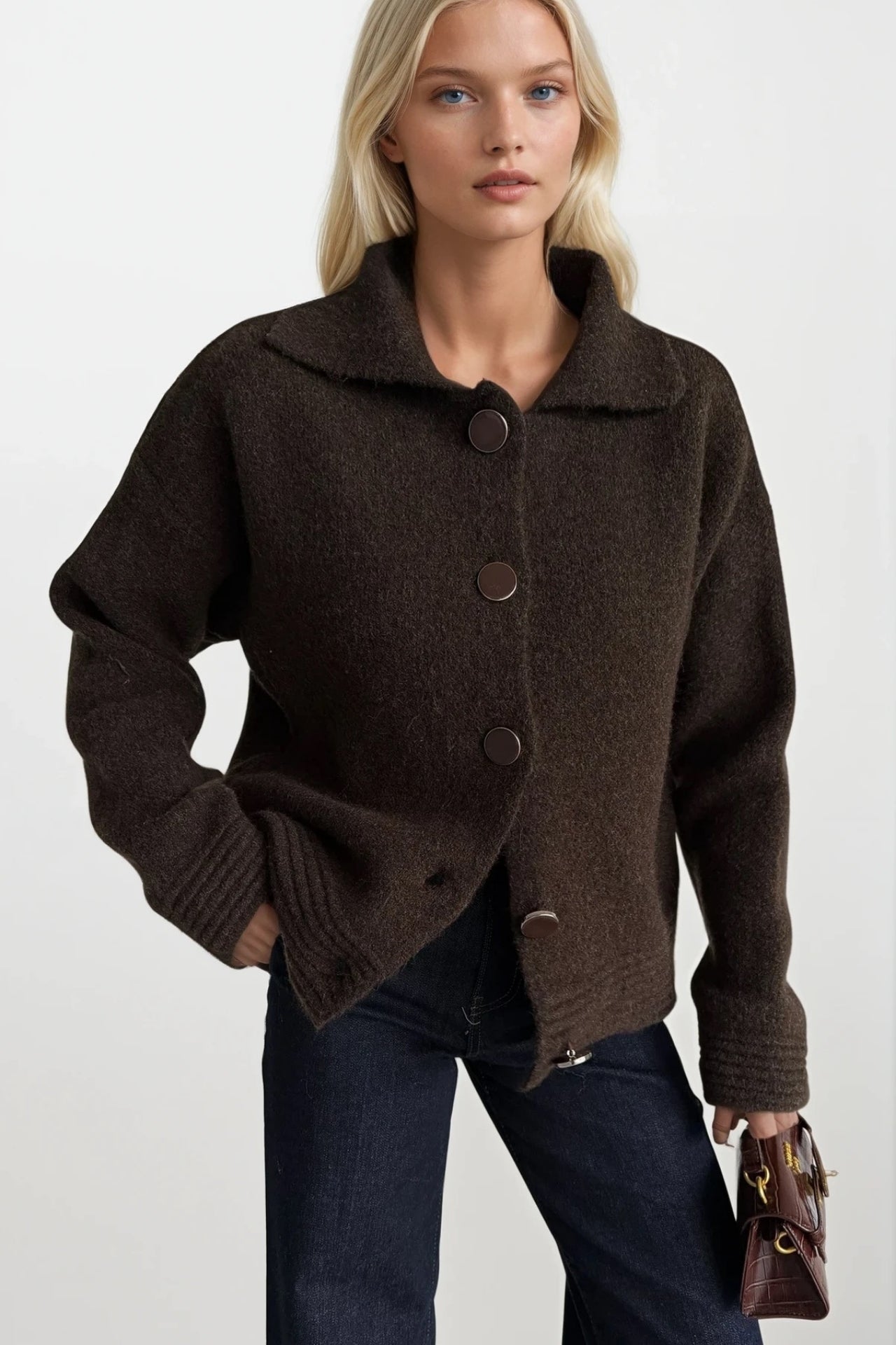 Polo Collar Button Detail Brown Knit Cardigan