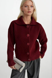 Polo Collar Button Detail Burgundy Knit Cardigan