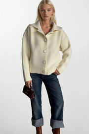 Ecru Knitted Cardigan with Polo Collar and Button Detail