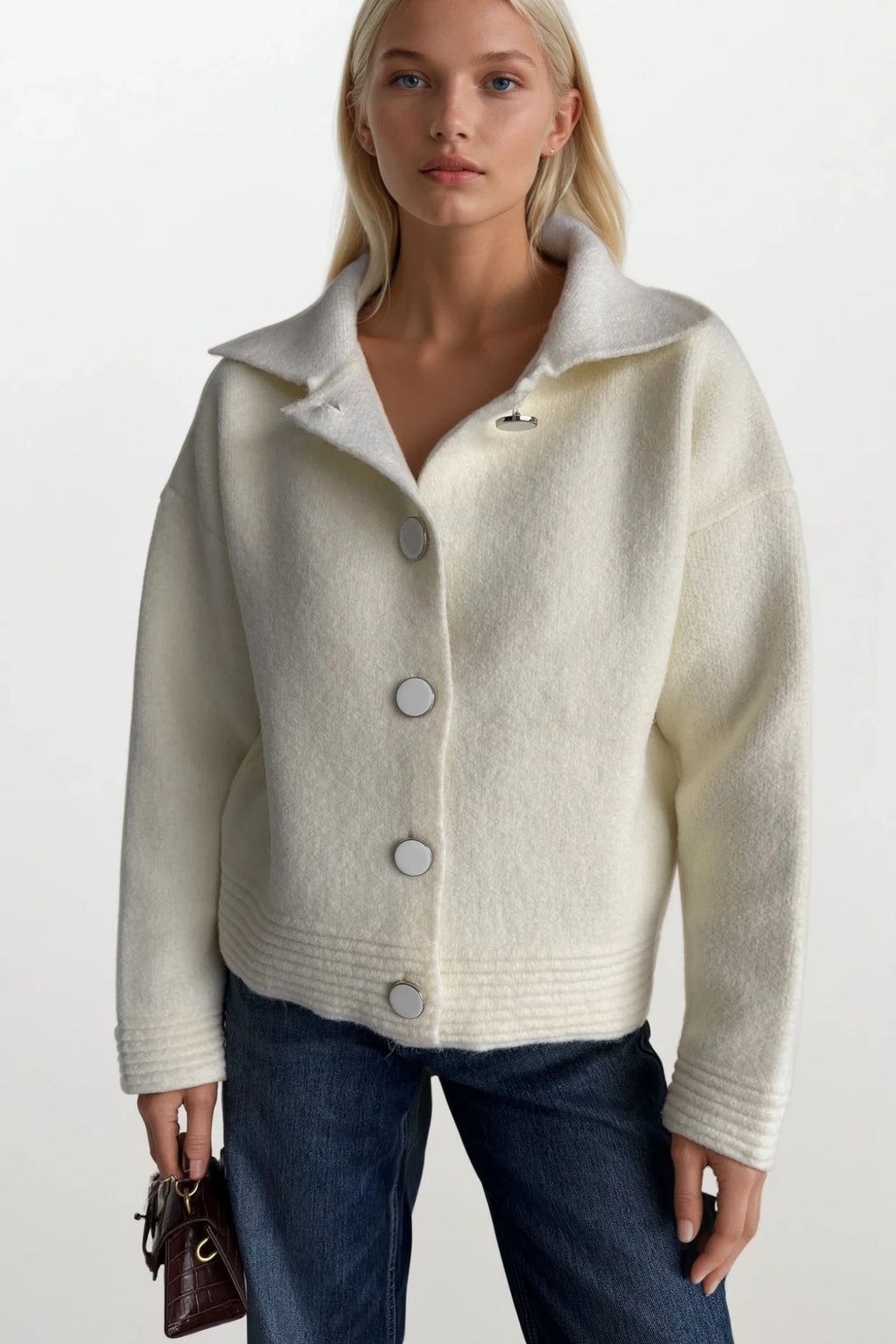 Polo Collar Button Detail Ecru Knit Cardigan