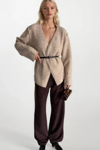 Belt Detail Wrap Collar Beige Knit Cardigan