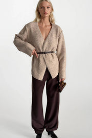 Belt Detail Wrap Collar Beige Knit Cardigan
