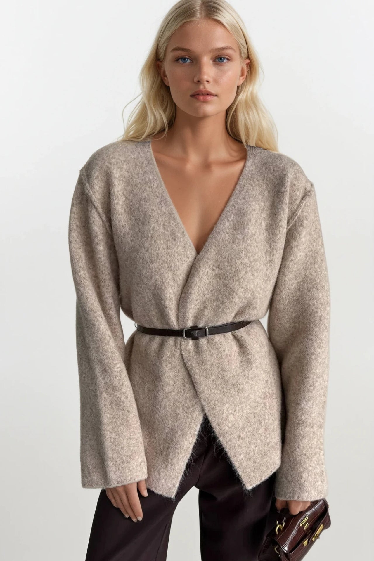 Belt Detail Wrap Collar Beige Knit Cardigan