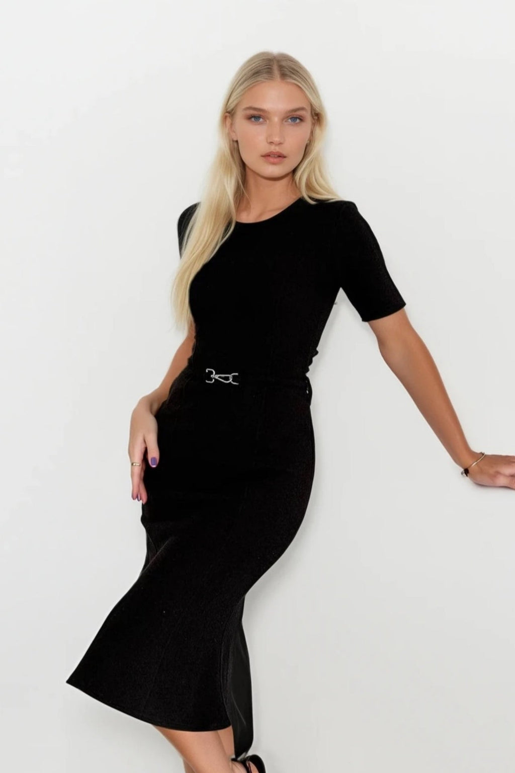 Belted Short Sleeve Black Midi Dress