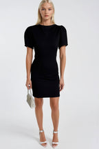 Shoulder Ruched Boat Neck Half Sleeve Black Mini Dress