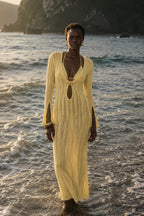 Accessory Detail Ruffle Sleeve Maxi Yellow Knit Dress