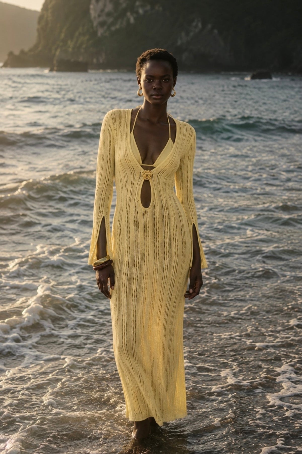 Accessory Detail Ruffle Sleeve Maxi Yellow Knit Dress
