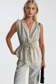 Lace Detail Drawstring Waist Blouse Trousers Two Piece Ecru Set