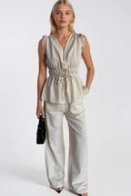 Lace-Up Detail Waist Ruched Blouse Pants İkili Ecru Set