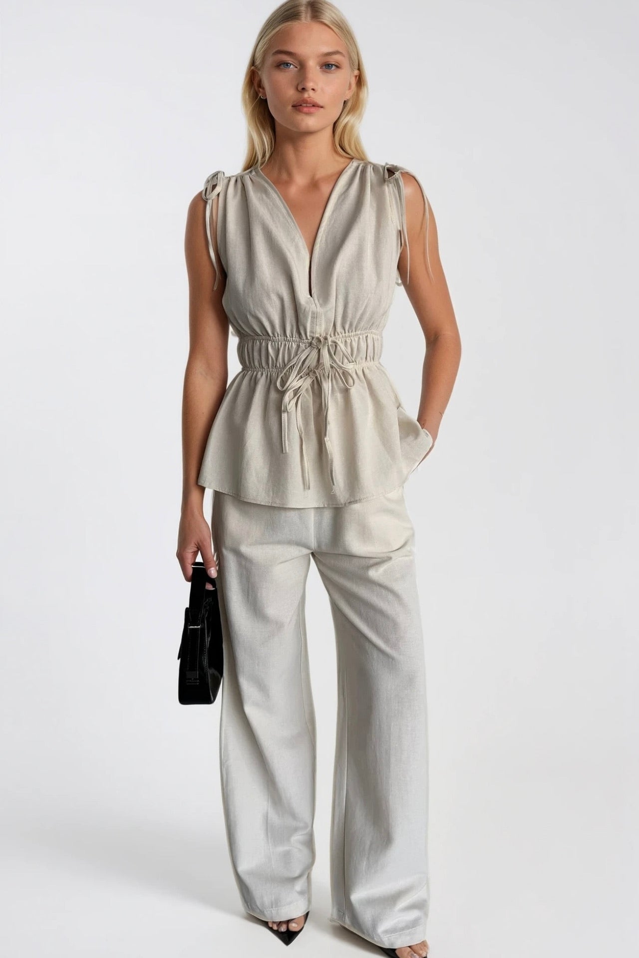 Lace-Up Detail Waist Ruched Blouse Pants İkili Ecru Set