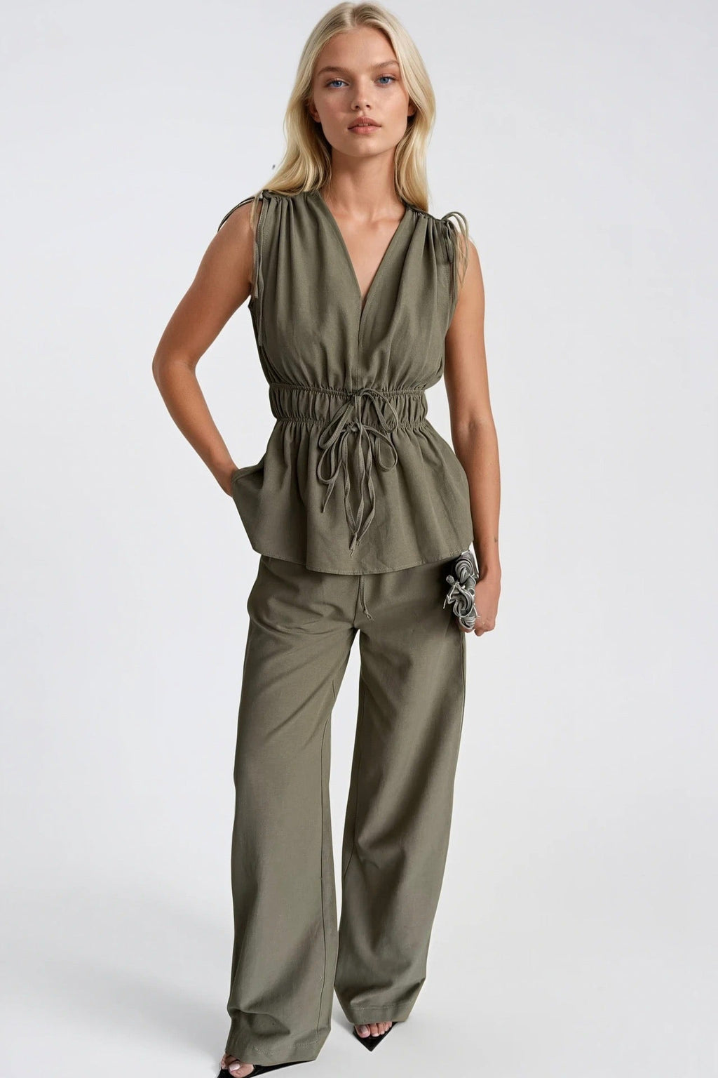 Lace-Up Detail Waist Ruched Blouse Pants İkili Khaki Set