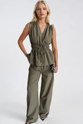 Lace-Up Detail Waist Ruched Blouse Pants İkili Khaki Set