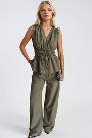 Lace Detail Elasticated Waist Blouse and Trousers Two-Piece Khaki Set