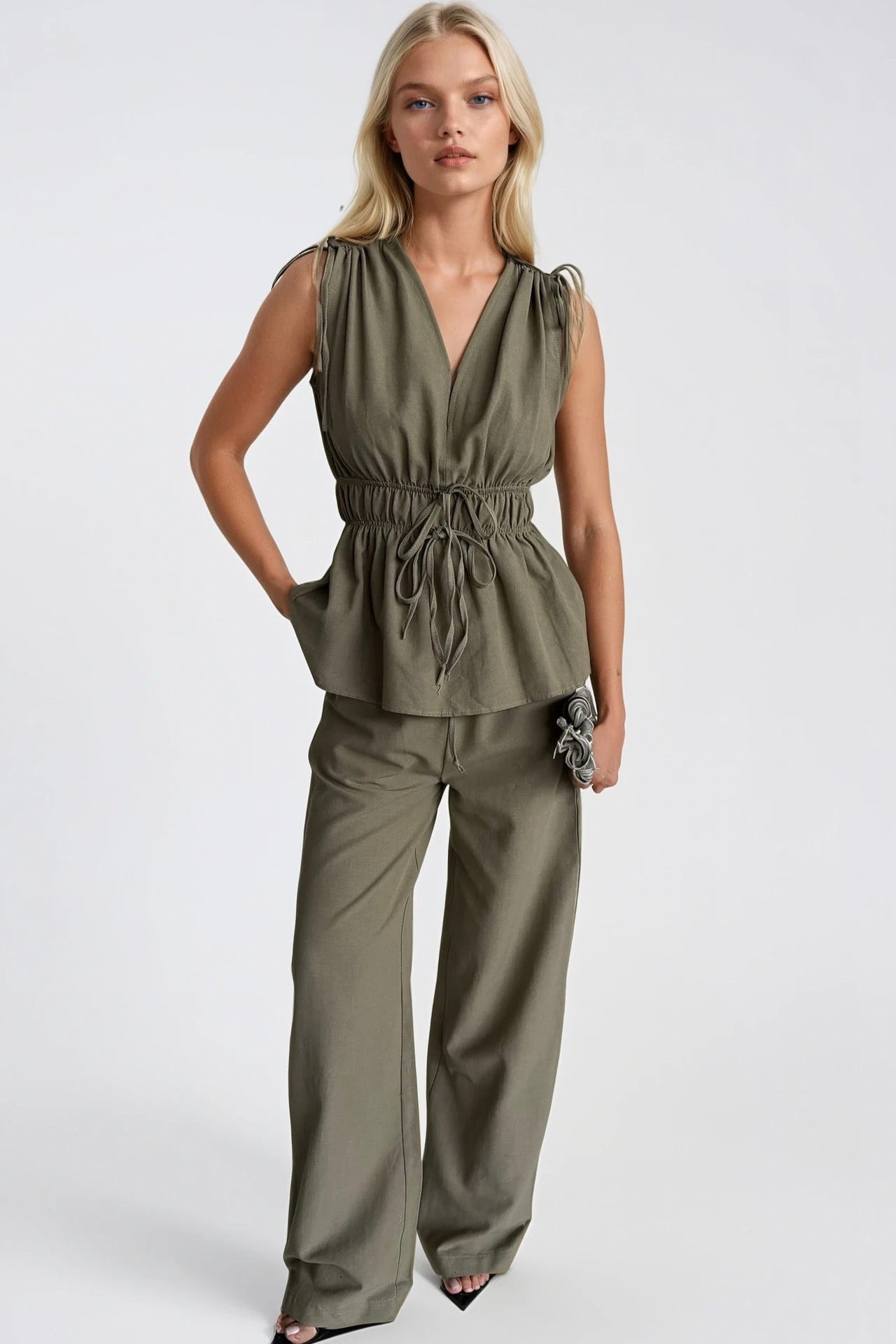 Lace-Up Detail Waist Ruched Blouse Pants İkili Khaki Set