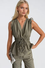 Lace-Up Detail Waist Ruched Blouse Pants İkili Khaki Set