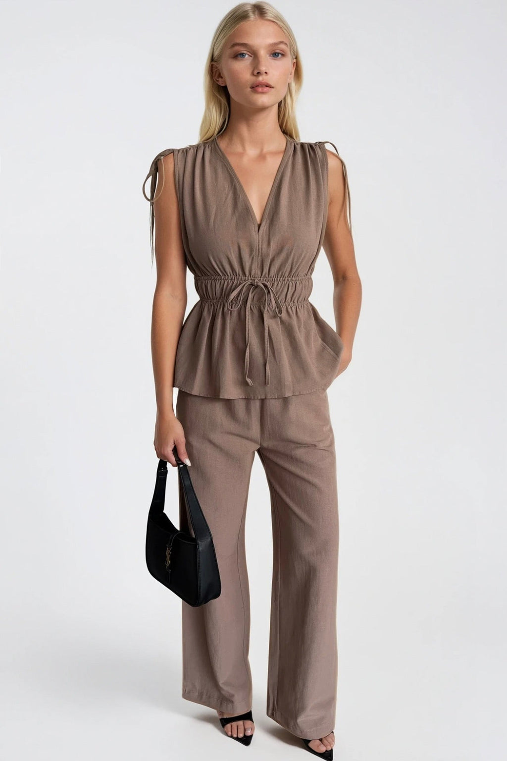 Lace-Up Detail Waist Ruched Blouse Pants İkili Mink Set