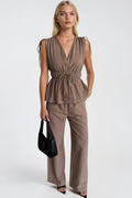 Lace-Up Detail Waist Ruched Blouse Pants İkili Mink Set