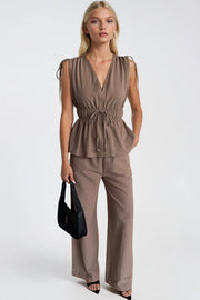 Mink Two-Piece Set with Drawstring Waist Blouse and Lace-Up Detail Trousers