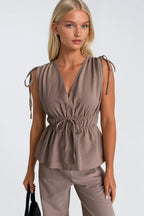 Lace-Up Detail Waist Ruched Blouse Pants İkili Mink Set