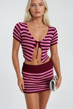 Striped Tie Detail Blouse Folded-Waist Skirt Two-piece Pink Knit Set