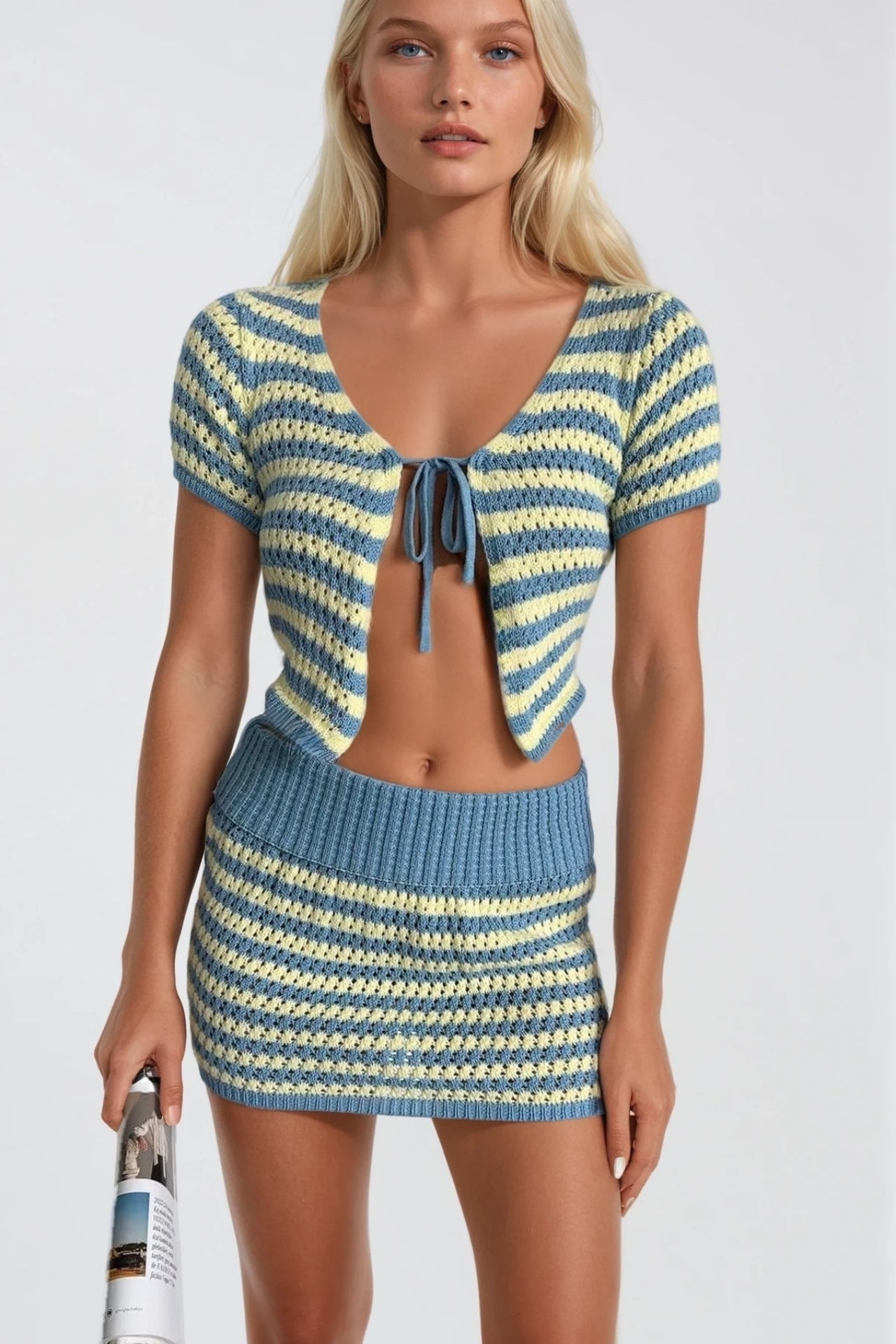 Striped Tie Detail Blouse Folded-Waist Skirt Two-piece Blue Knit Set