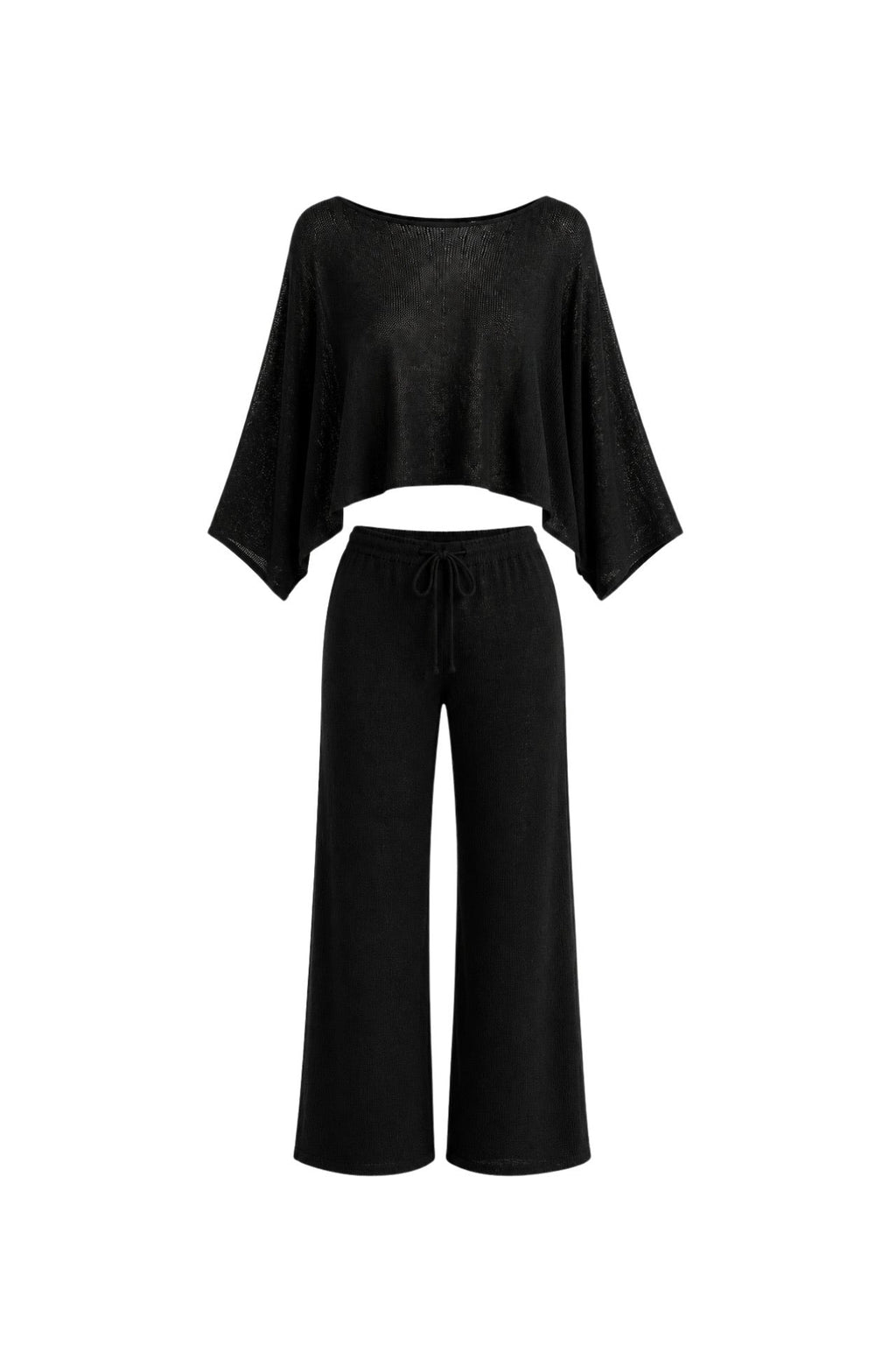 Textured Boat Neck Asymmetric Blouse with Trousers Black Two-Piece Set