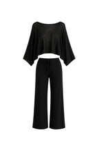 Textured Boat Neck Asymmetric Blouse with Trousers Black Two-Piece Set
