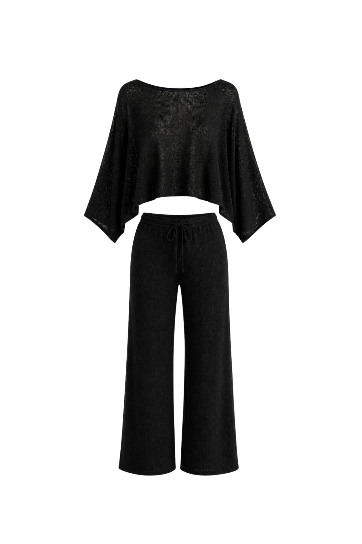Textured Boat Neck Asymmetric Blouse with Trousers Black Two-Piece Set