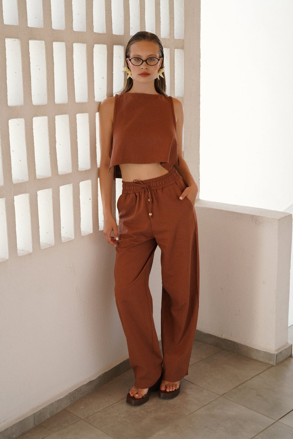 Drawstring Waist Straight Cut Brown Pants