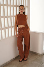 Drawstring Waist Straight Cut Brown Pants