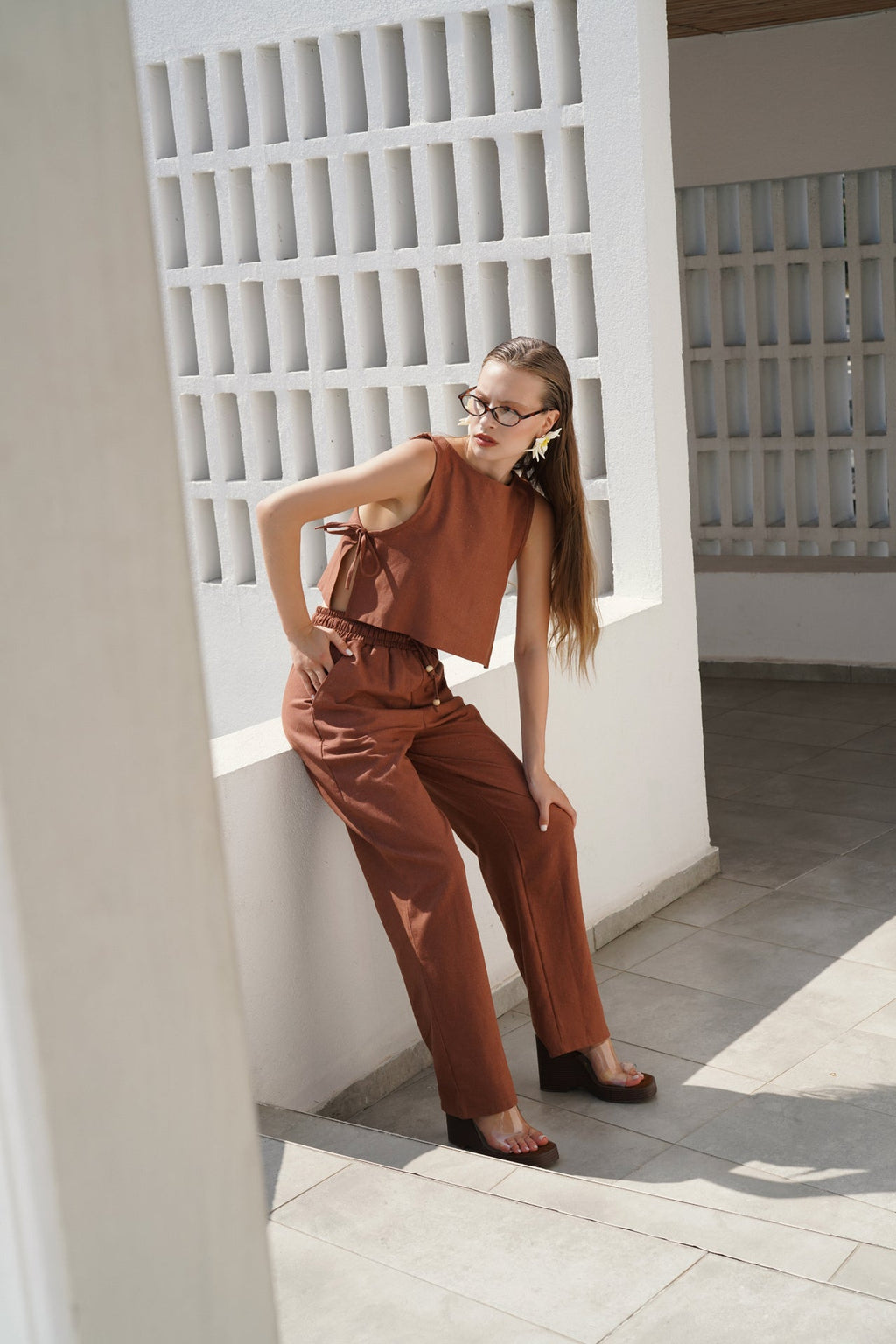 Drawstring Waist Straight Cut Brown Pants