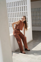 Drawstring Waist Straight Cut Brown Pants
